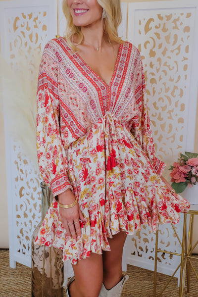 Short Boho Dress- Resort Style Dress- Printed Dress with Tassels- Aakaa Dress