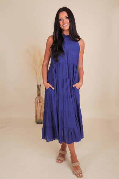 Chic High Neck Maxi Dress- Navy Tiered Maxi- Entro Maxi