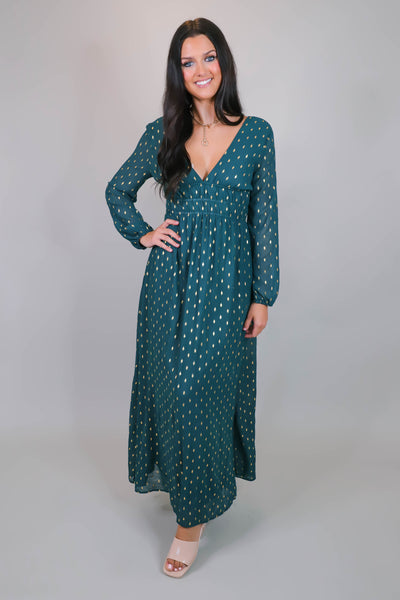 Hunter Green Maxi Dress- Elegant Gold Maxi Dress- Formal Women's Dresses- Women's Cocktail Dresses