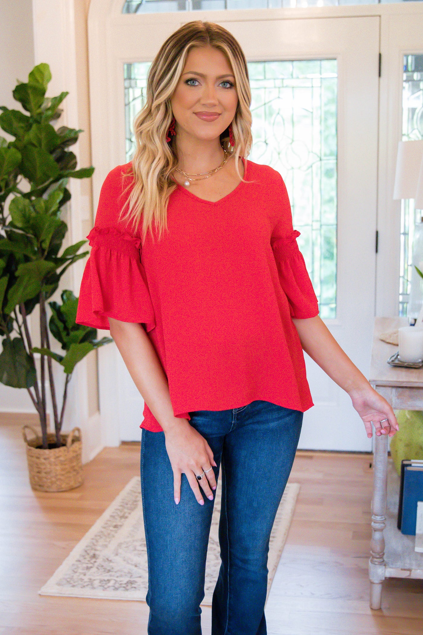 Red V-Neck Blouse- Women's Workwear Top- Simple Red Blouse- Women's Top With Sleeves