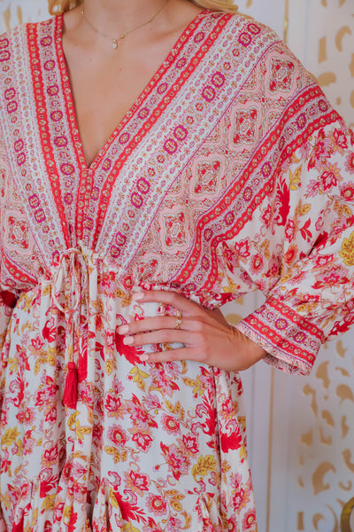 Short Boho Dress- Resort Style Dress- Printed Dress with Tassels- Aakaa Dress