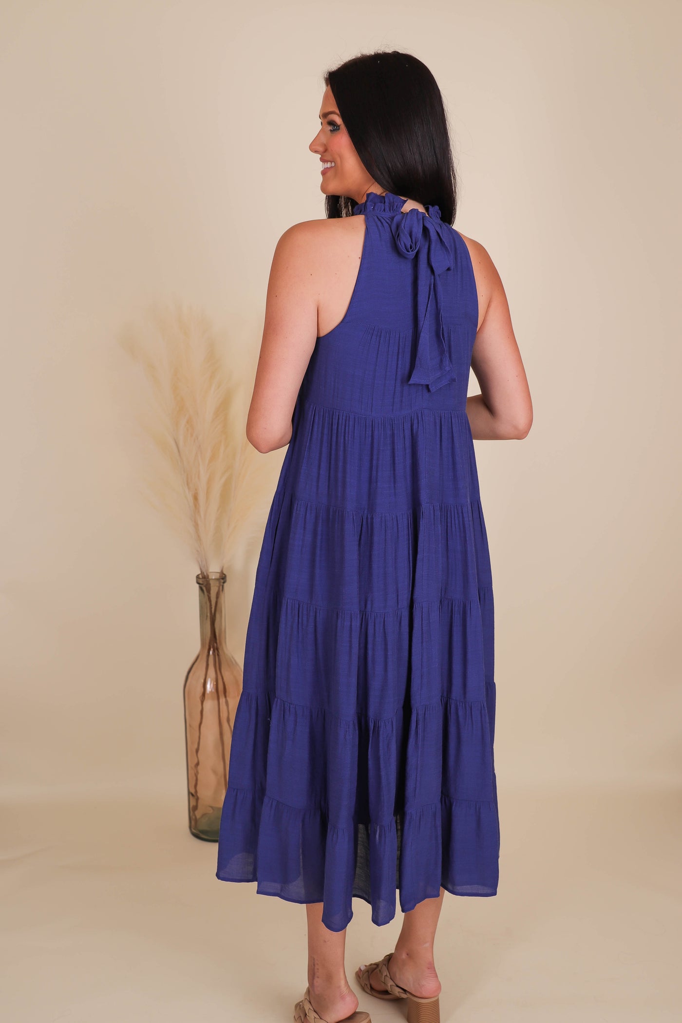 Chic High Neck Maxi Dress- Navy Tiered Maxi- Entro Maxi